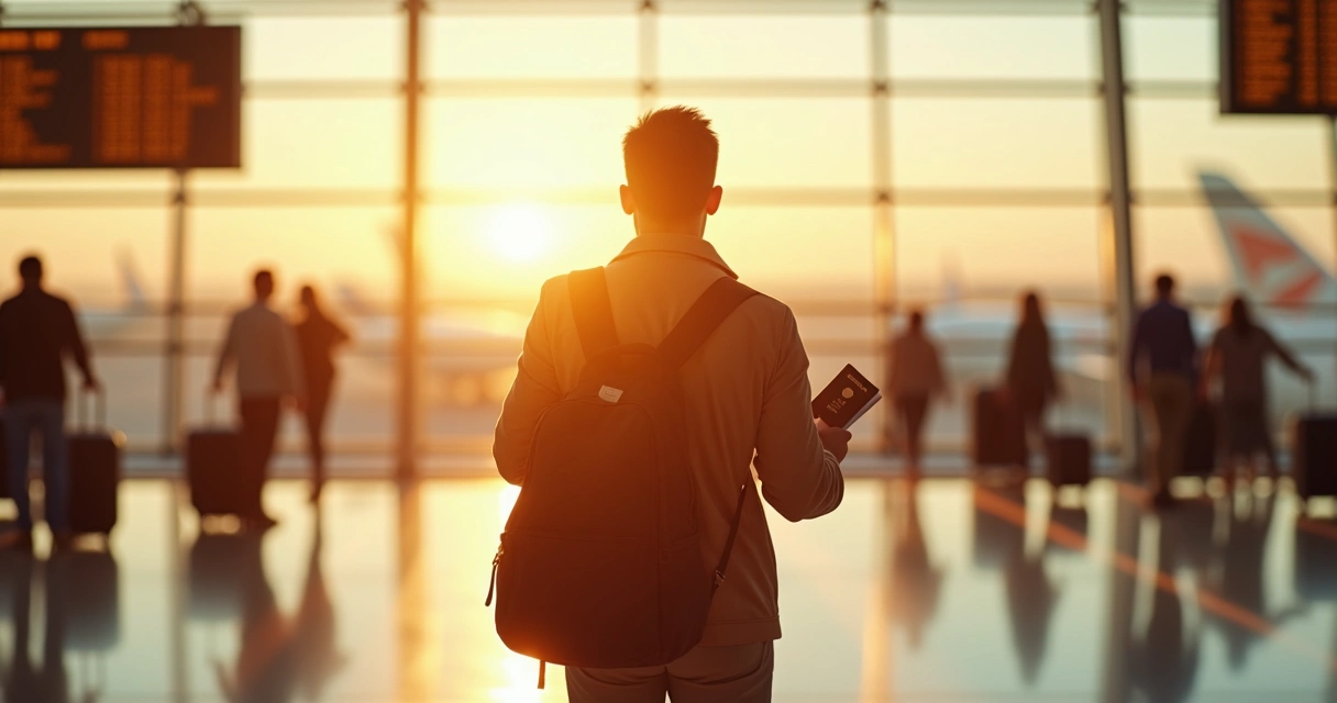 Viajante fazendo proteção energética silenciosa em aeroporto moderno