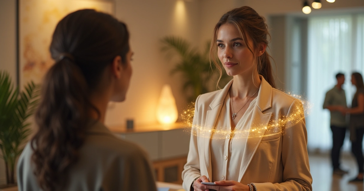 Consultora protegendo sua energia com campo luminoso em atendimento presencial