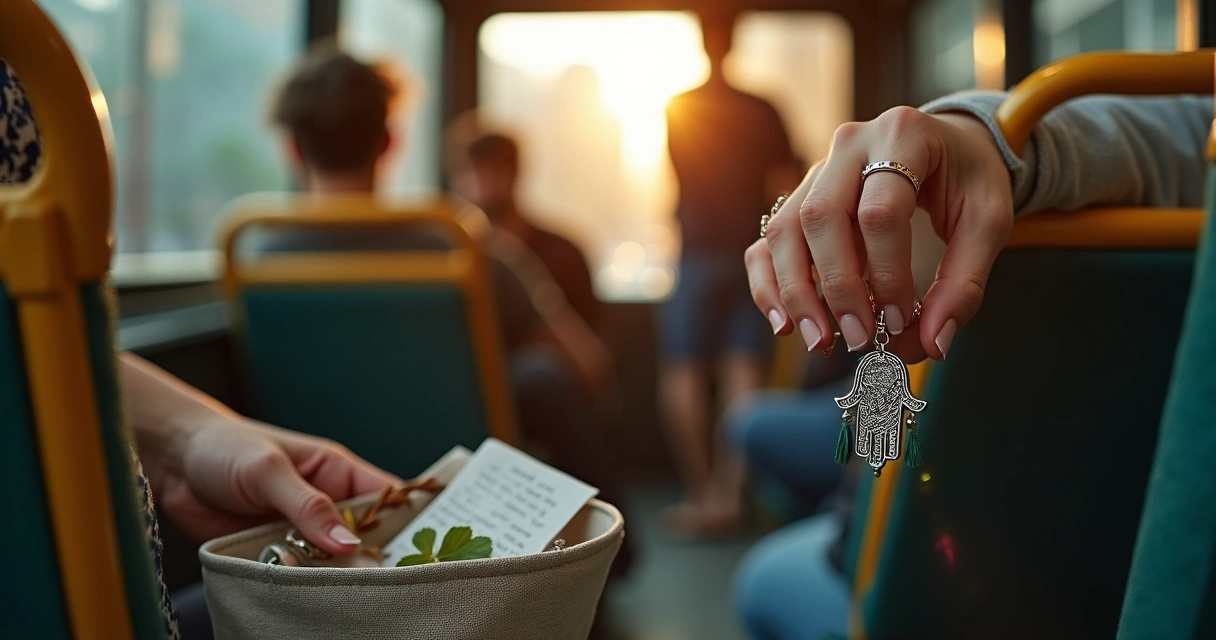 Mão segurando amuleto protetor dentro de ônibus urbano ao entardecer