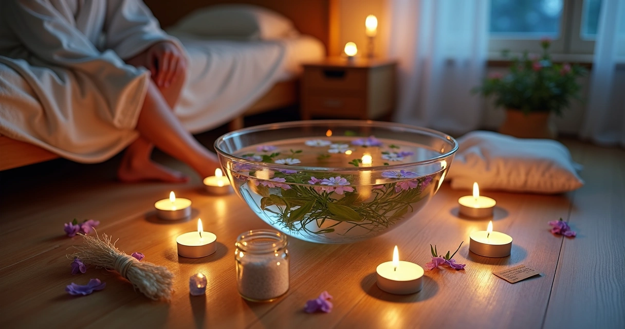 Preparação de banho energético com ervas em bacia no chão de um quarto iluminado
