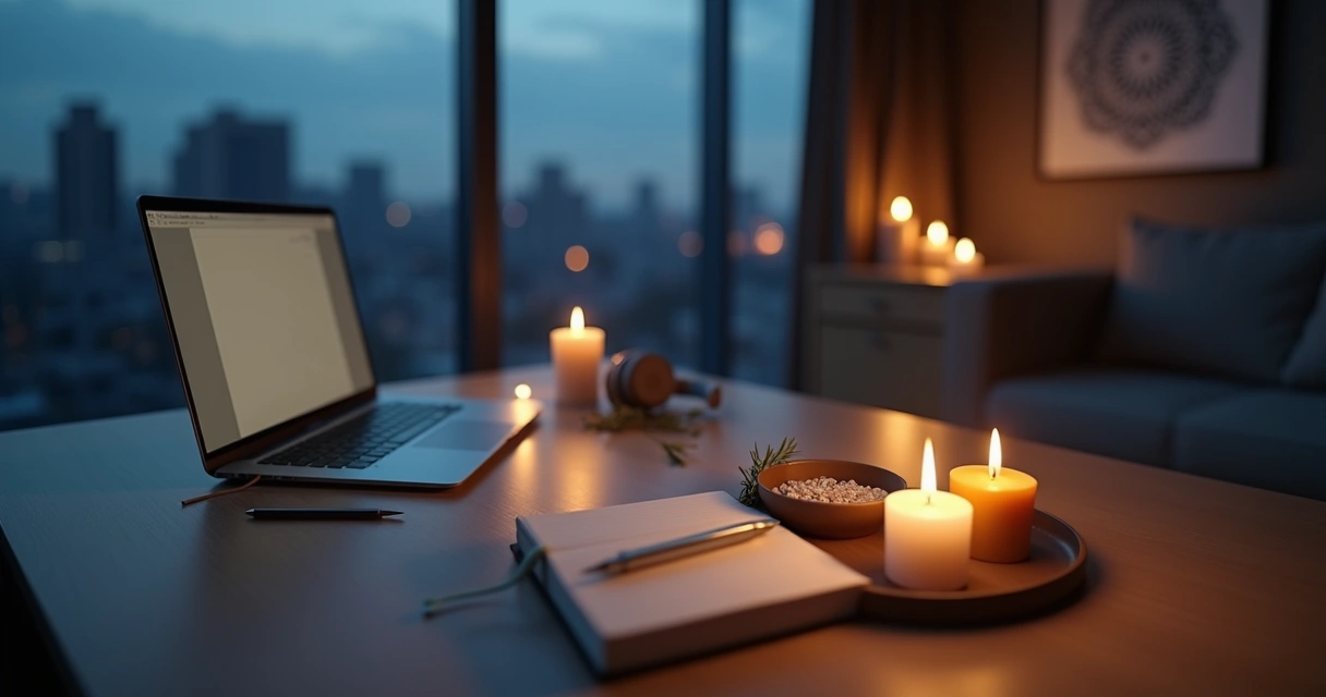 Velas acesas em mesa de trabalho organizada com caderno e laptop
