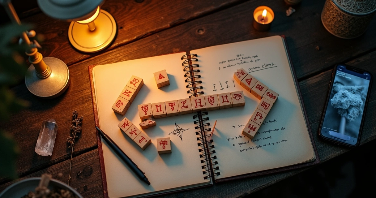 Runas nórdicas distribuídas em forma de seta sobre mesa de madeira