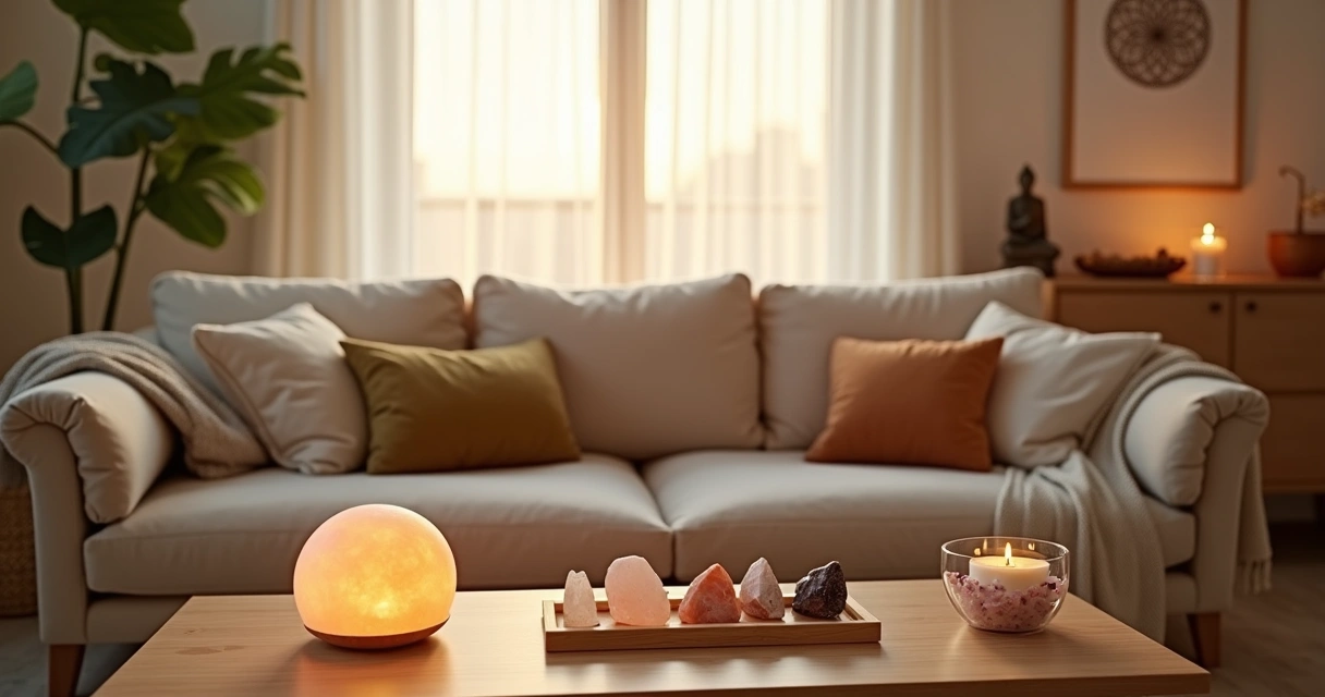 Sala de estar harmoniosa com família reunida e símbolos esotéricos discretos na decoração