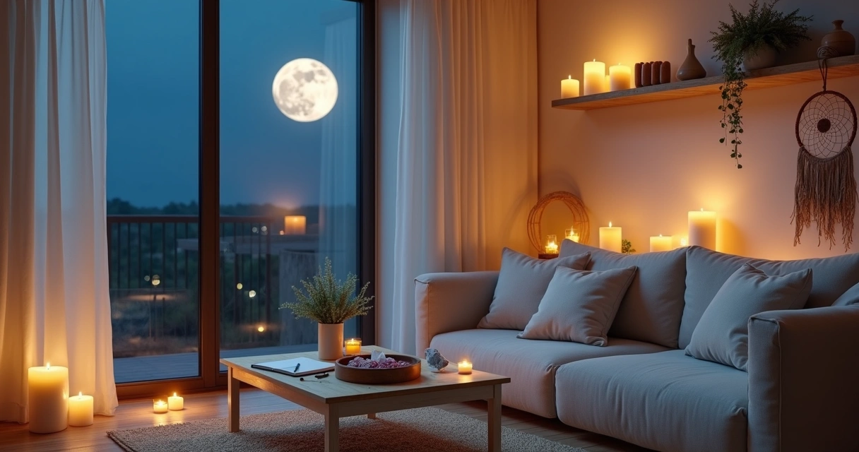 Sala iluminada pela lua com altarzinho e detalhes para limpeza energética