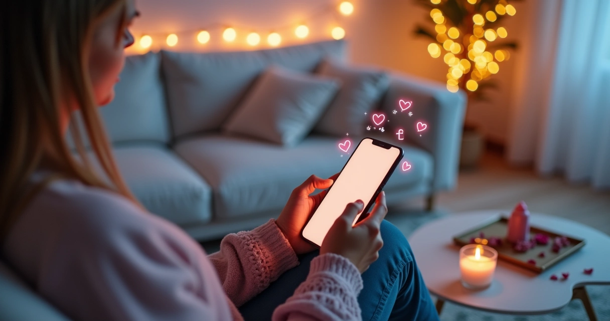 Jovem relaxando no sofá usando celular em meio a símbolos místicos e ícones de redes sociais