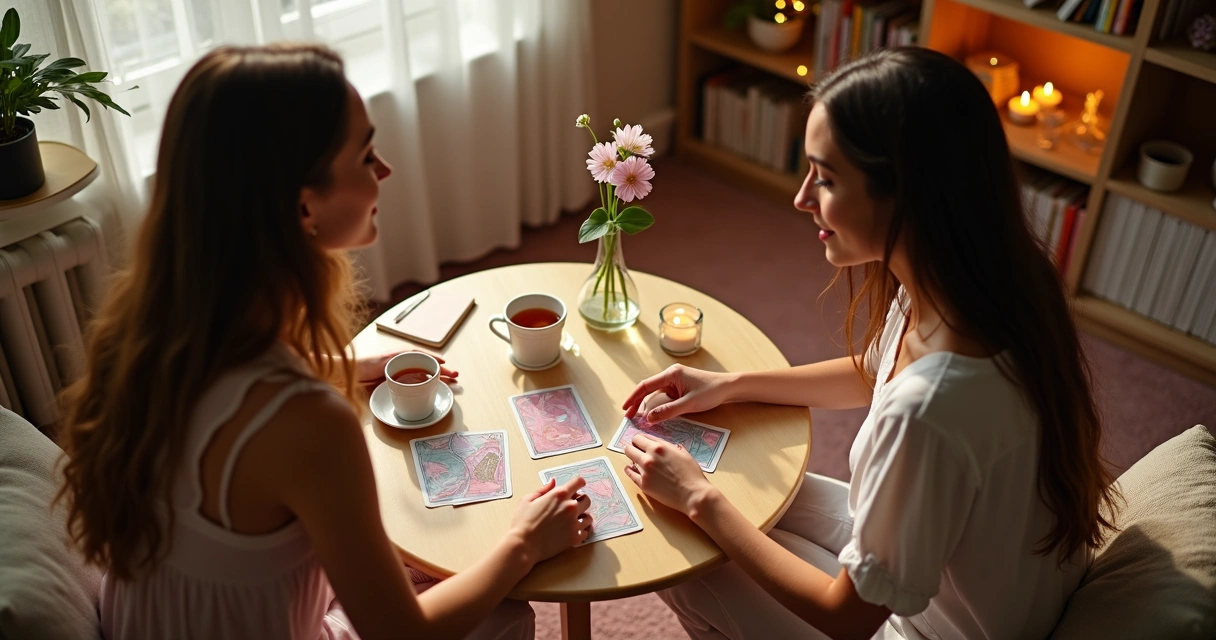 Amigas lendo cartas de tarot coloridas em mesa de madeira com clima leve e acolhedor