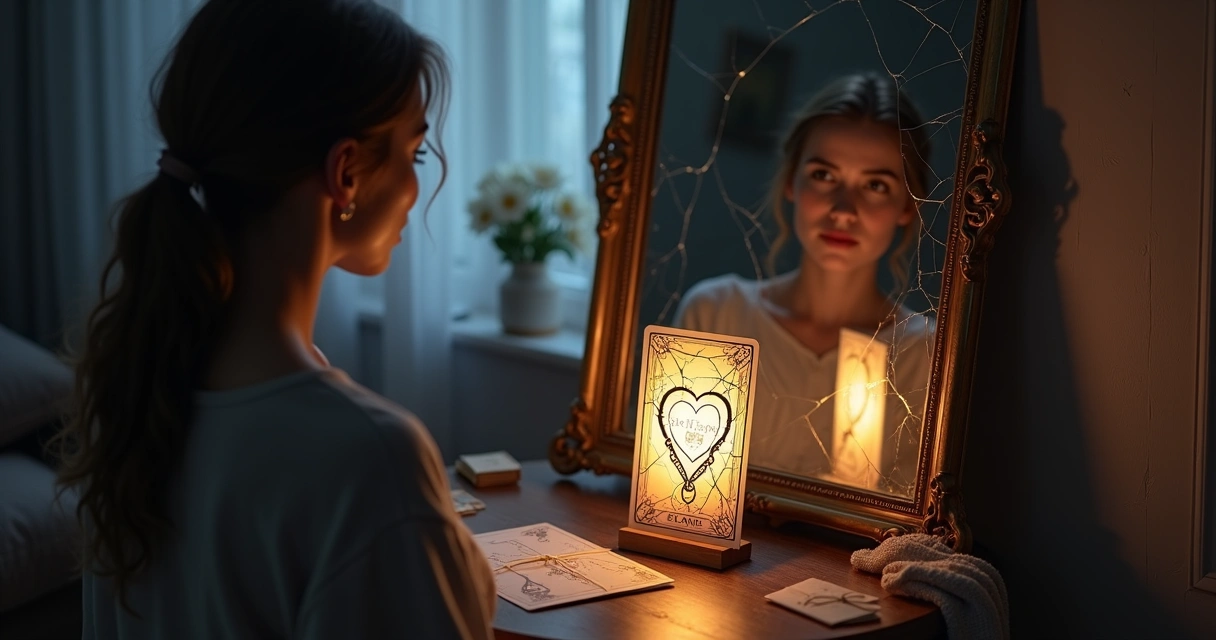 Mulher observando carta de tarot refletida em espelho rachado ao fundo azul profundo