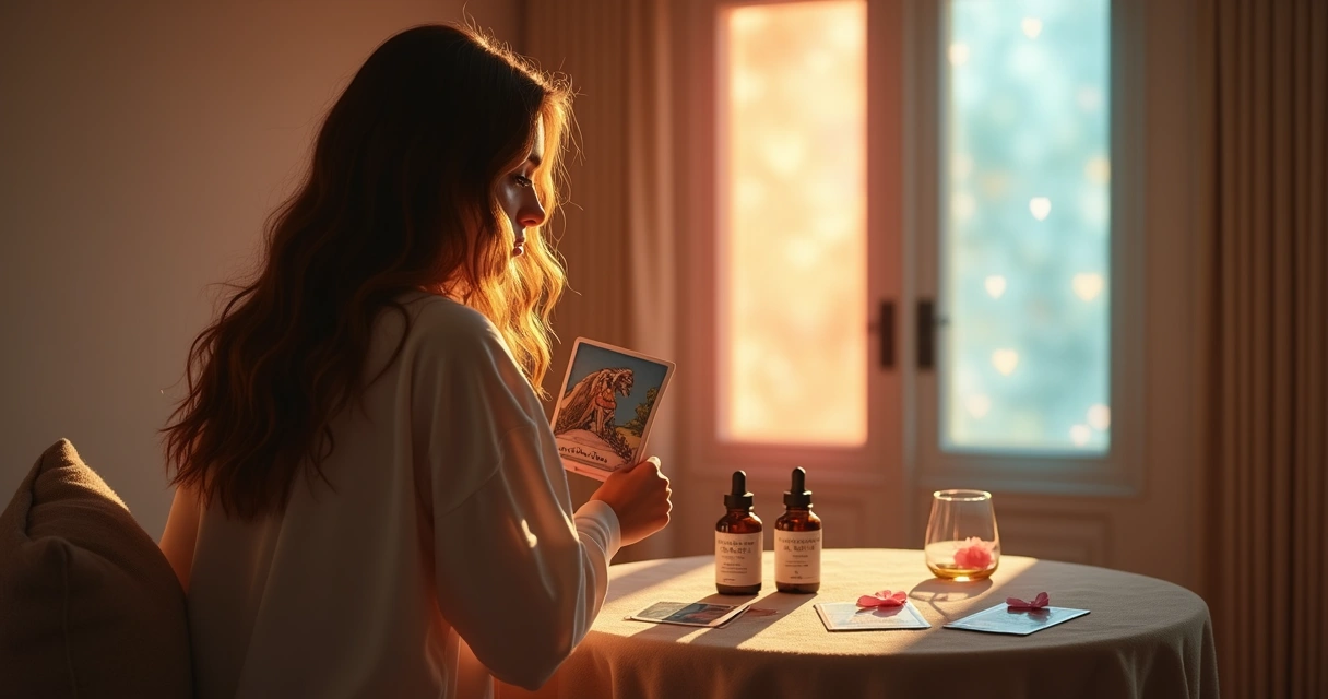 Mulher segurando carta de tarot e frasco de floral de Bach diante de duas portas simbólicas