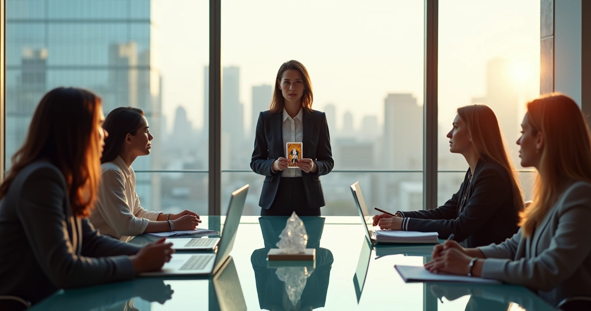 Líder segurando carta de tarot guiando reunião com equipe ao redor de mesa de vidro