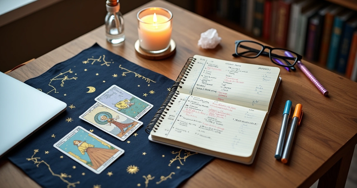 Mesa com cartas de tarot e caderno de estudos organizado com canetas coloridas
