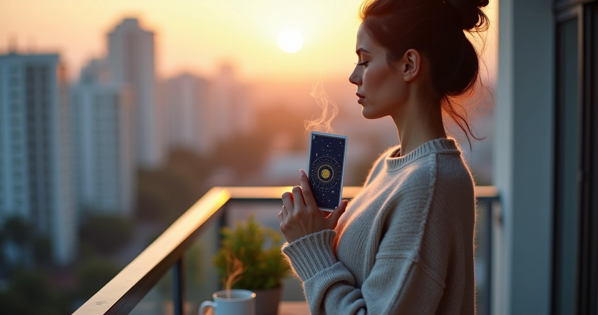 Pessoa respirando fundo segurando uma carta de tarot na varanda ao amanhecer