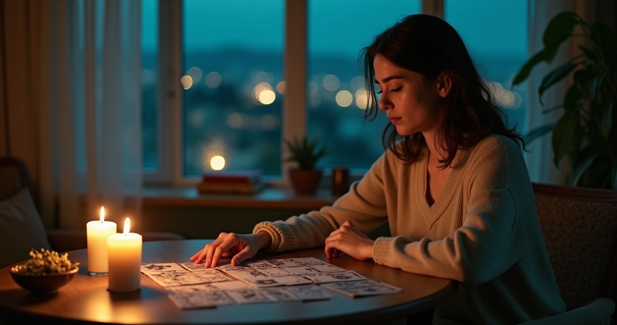 Mulher solitária à mesa com cartas de tarot e vela enquanto olha pela janela à noite