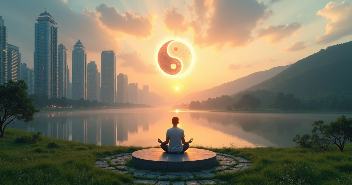 Símbolo yin yang luminoso flutuando entre cidade e paisagem natural ao amanhecer