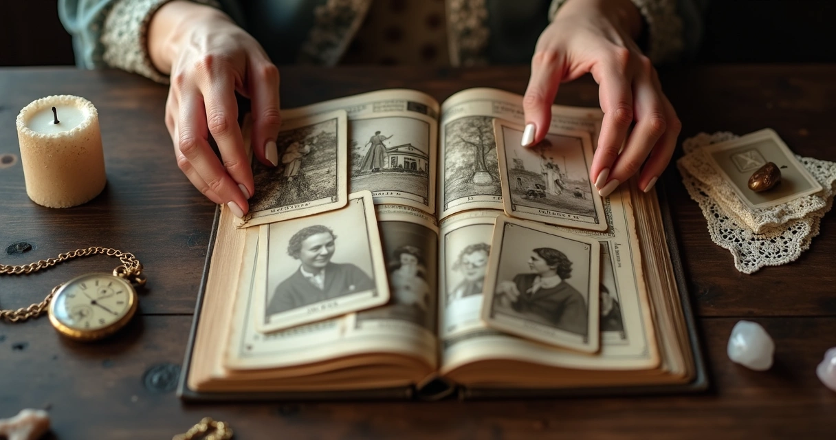 Mãos femininas revelando cartas de baralho cigano sobre álbum de fotos antigo
