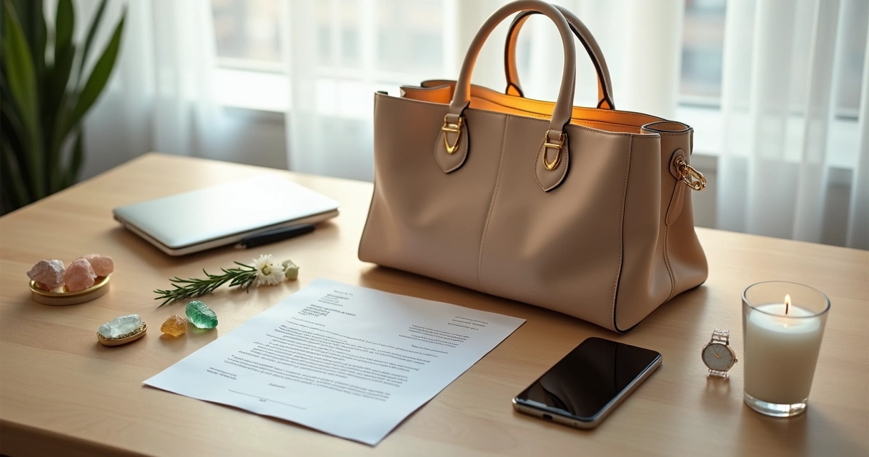 Bolsa elegante aberta sobre mesa com cristais e itens de entrevista ao redor
