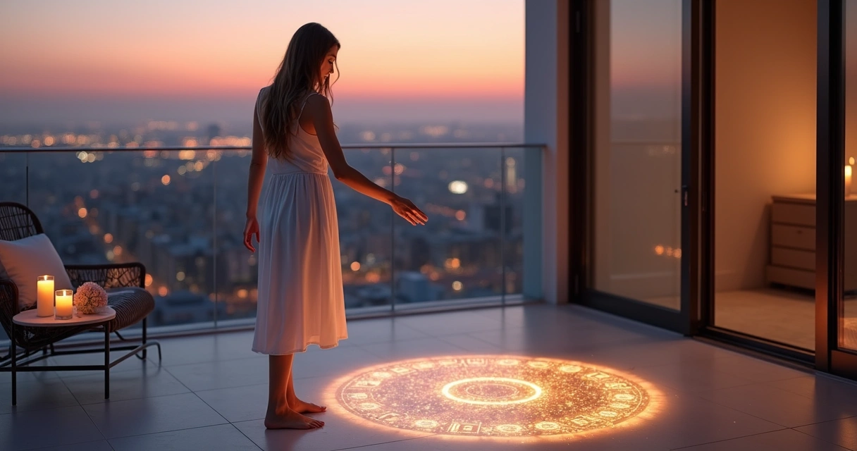 Mulher traçando círculo de proteção luminoso antes de encontro romântico ao entardecer