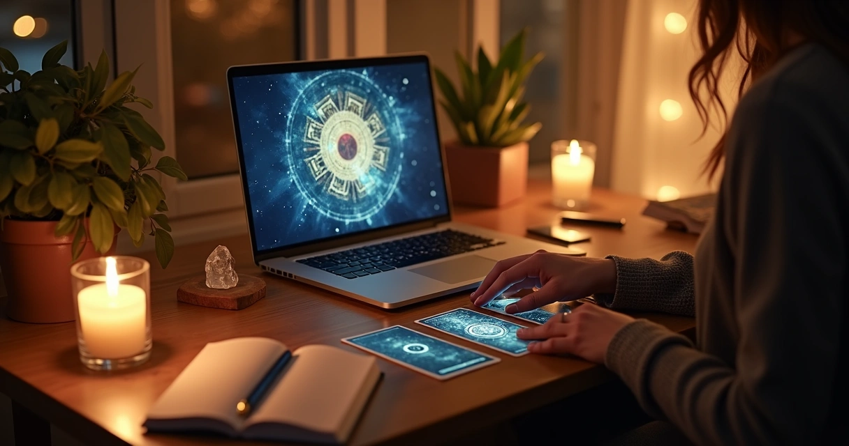 Pessoa consultando cartas de tarot online em notebook sobre mesa iluminada por velas