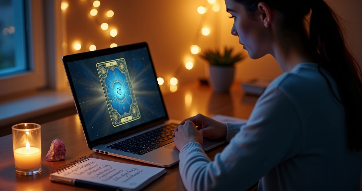 Mulher concentrada consultando tarot sim ou não no notebook à noite