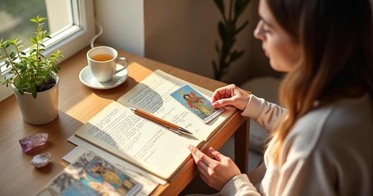 Pessoa estudando tarot sozinha com cartas e caderno perto da janela