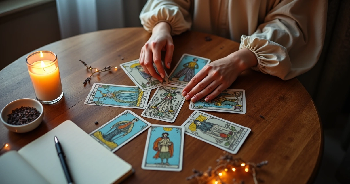 Cartas do tarot dispostas em círculo sobre mesa redonda com atmosfera mística