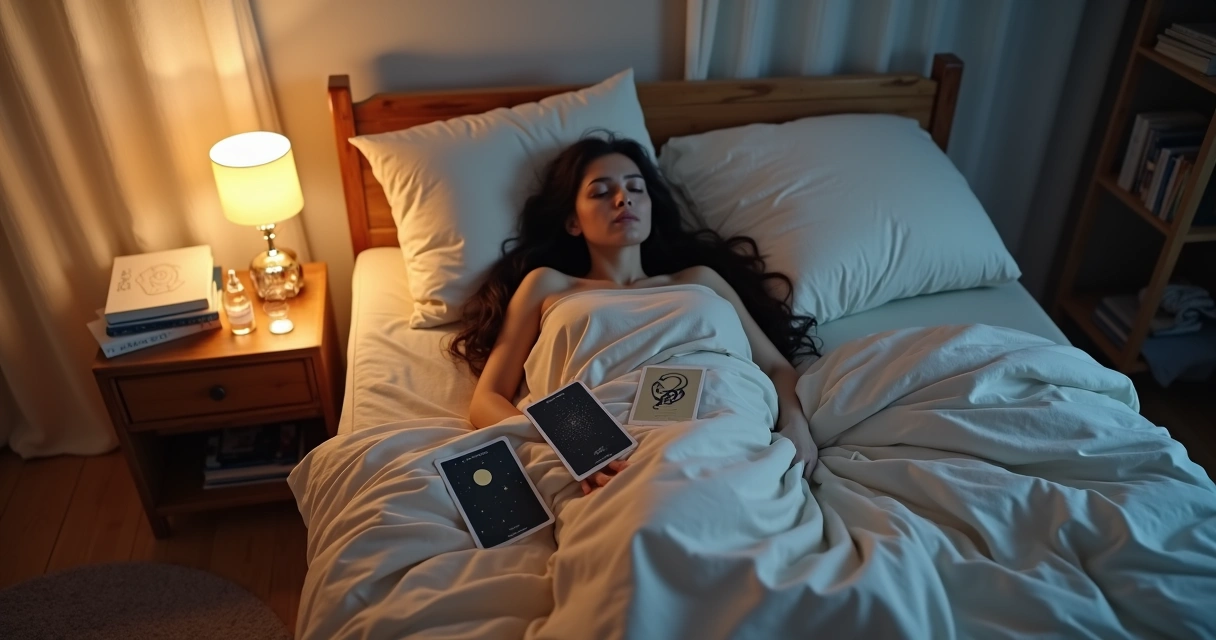 Pessoa relaxando na cama com cartas e luz suave de abajur