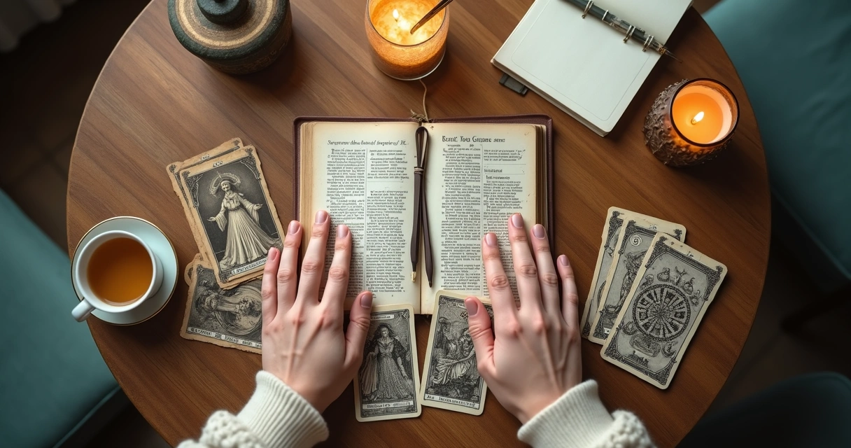 Mesa vista de cima com cartas de tarot dos Arcanos Maiores abertas em círculo