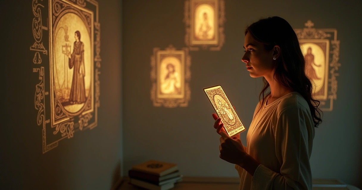Mulher em pé diante de parede escura com cartas dos Arcanos Maiores projetadas em luz dourada