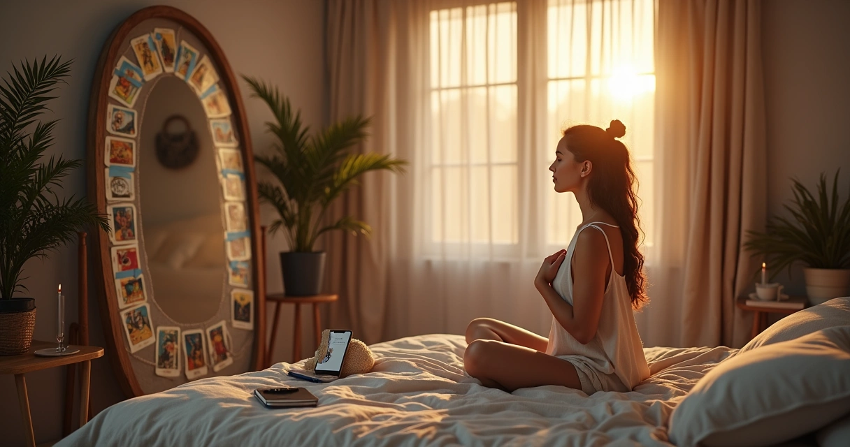 Mulher diante de espelho com cartas de tarot refletidas