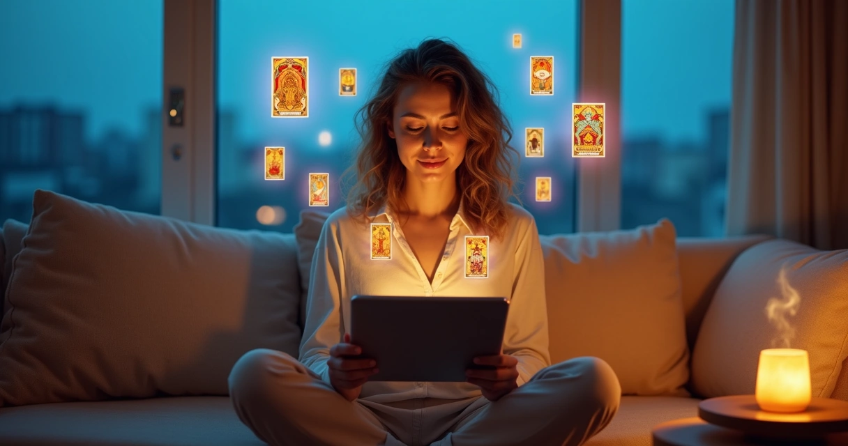 Mulher sentada no sofá consultando tiragem de tarot online em um tablet com cartas flutuando ao redor
