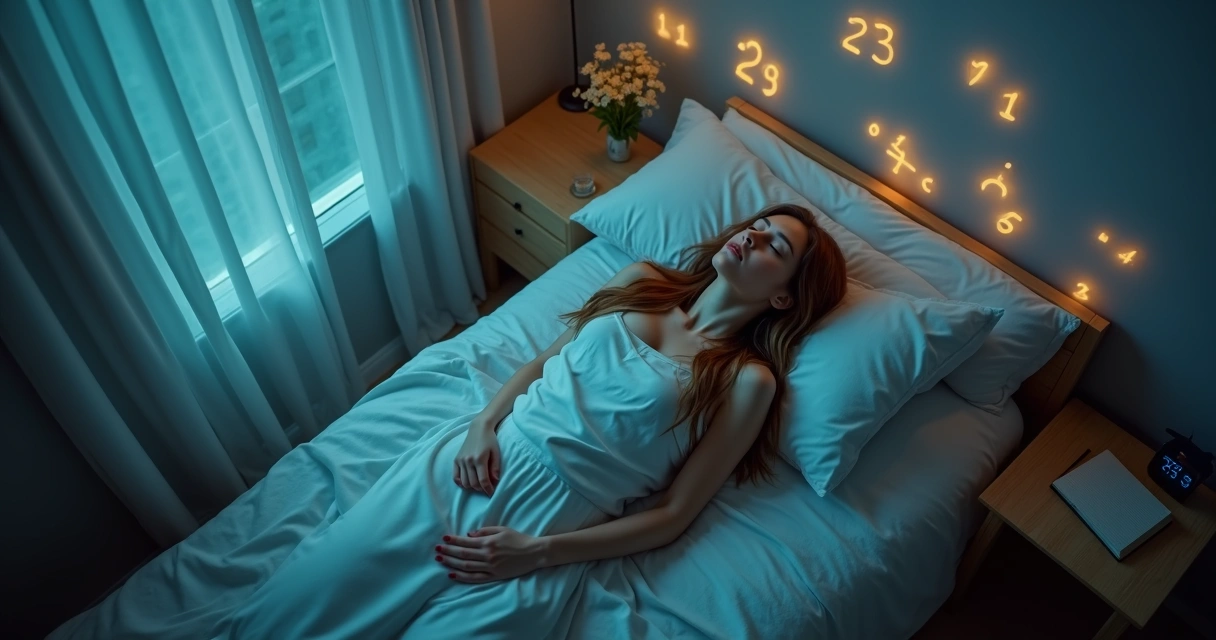 Mulher deitada em cama observando números luminosos repetidos flutuando no quarto escuro
