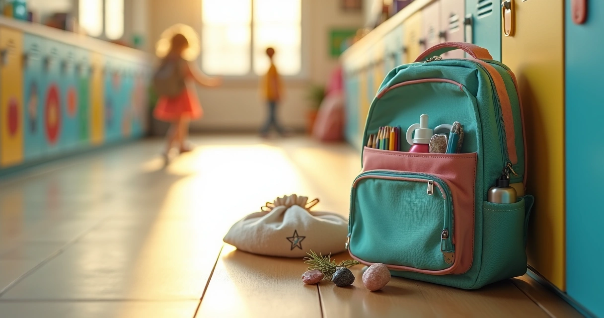Mochila infantil aberta mostrando cristais e saquinho com ervas para proteção energética