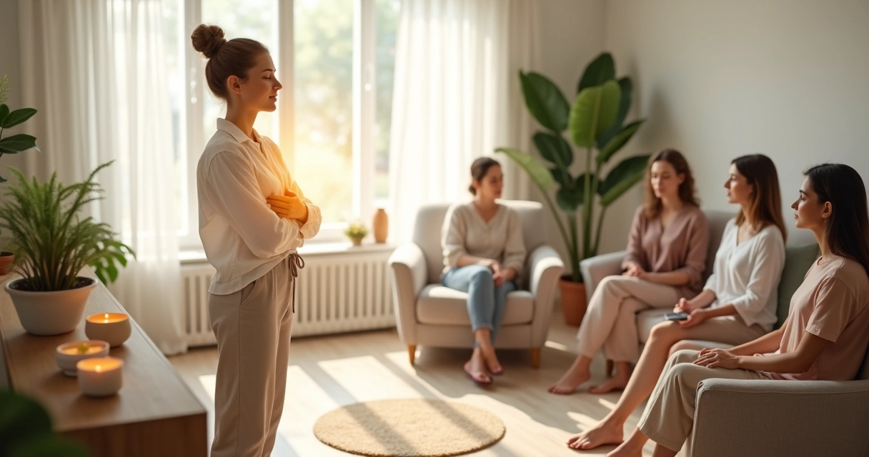 Terapeuta rodeada por aura dourada protegendo grupo de mulheres