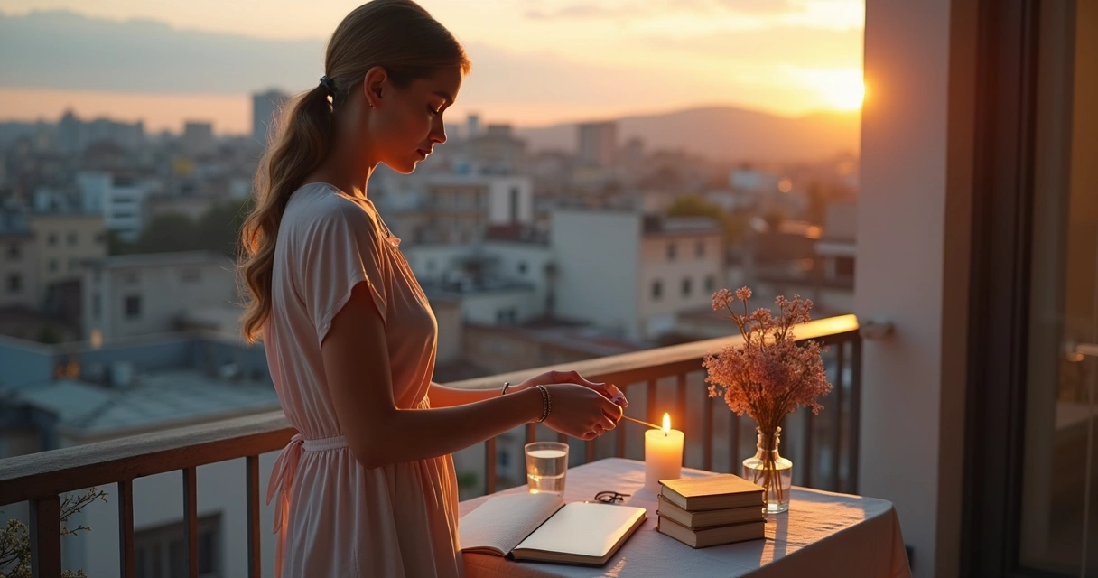 Jovem em vestido claro acendendo vela diante de mesa com livro e flores ao pôr do sol