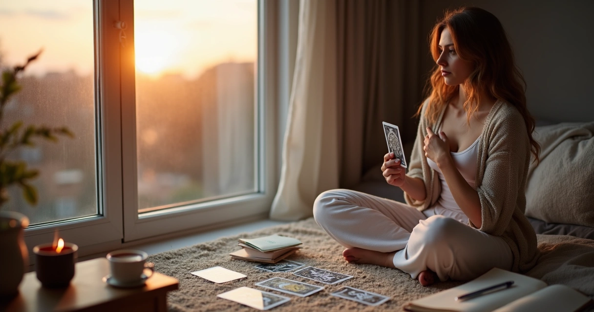 Taróloga sentada em frente à janela ao nascer do sol com cartas de tarot sobre o colo