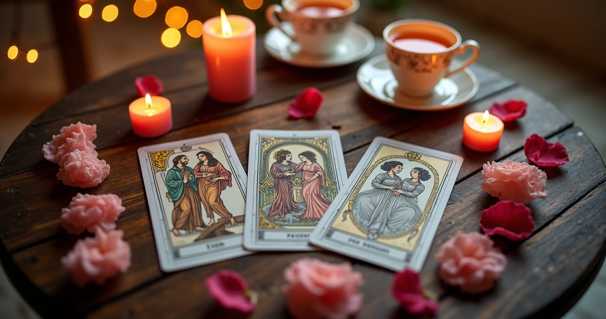 Mesa de tarot em forma de coração com cartas e velas cor de rosa