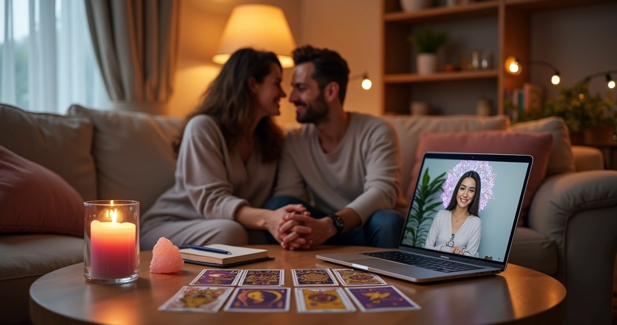 Consultora de tarot online orienta casal diante de notebook com cartas sobre a mesa