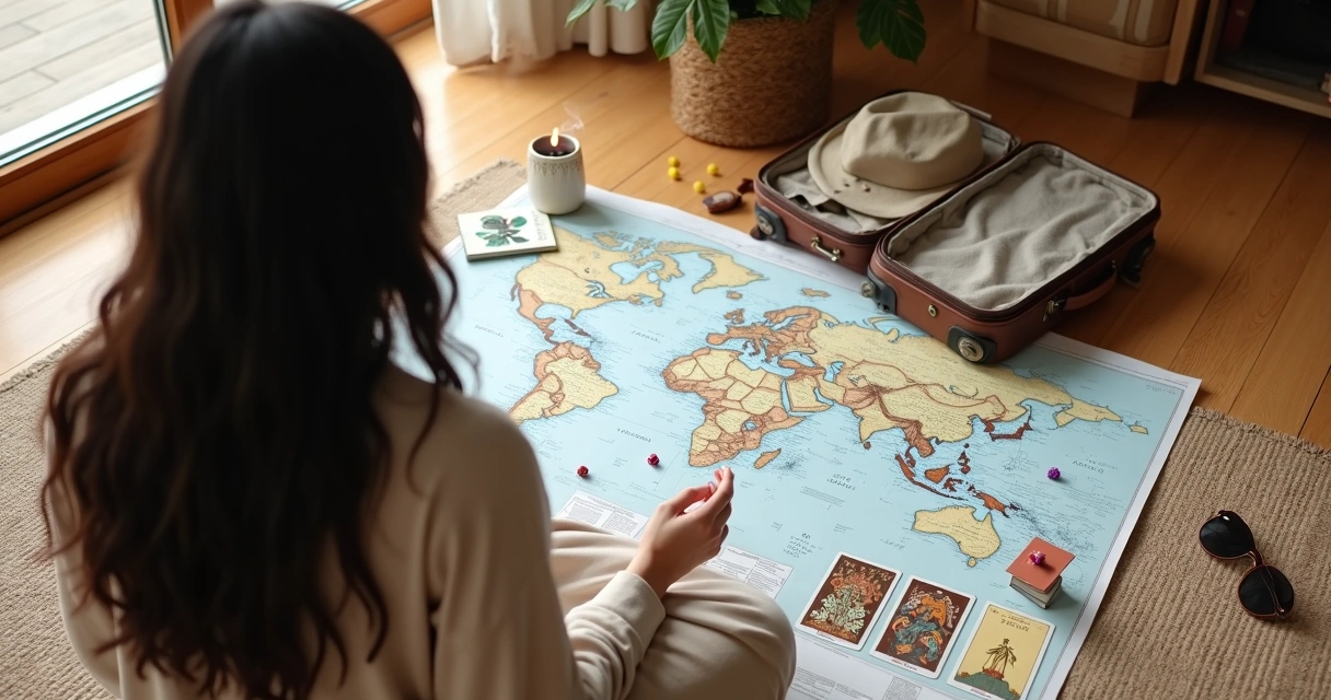 Mulher planejando viagem com cartas de tarot ao lado de mapa e mala aberta