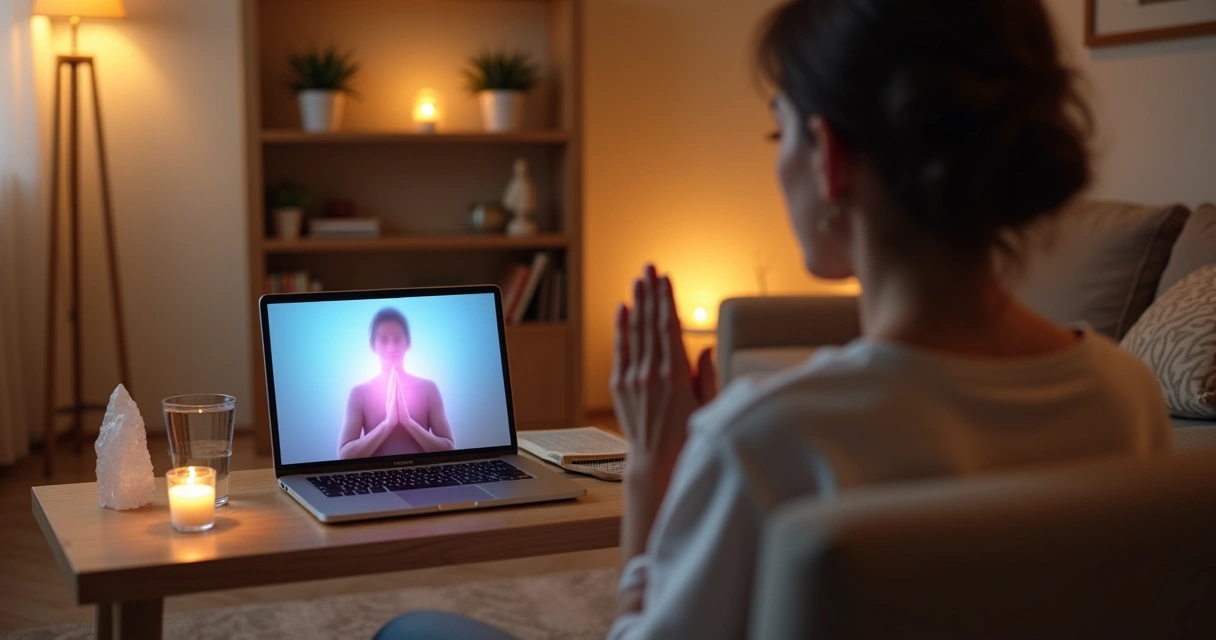 Pessoa fazendo oração diante de computador com tela iluminada em ambiente acolhedor