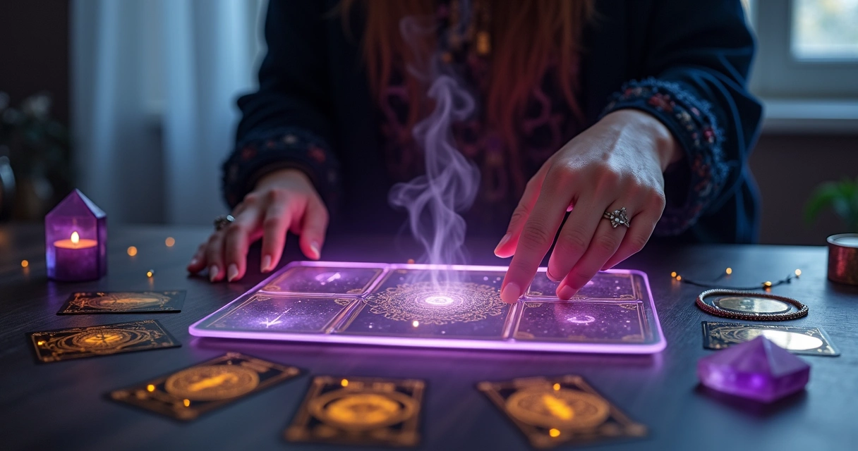 Cartomante em espaço místico tocando tablet com cartas se iluminando em tela