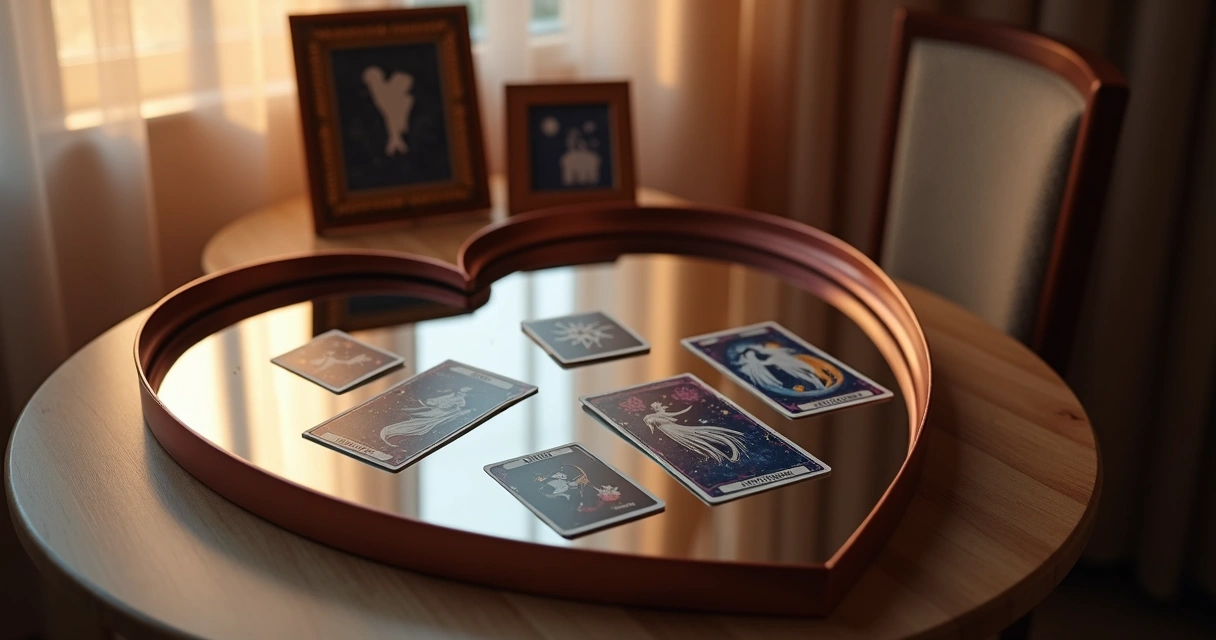 Mesa com cartas de tarot refletidas em espelho em formato de coração