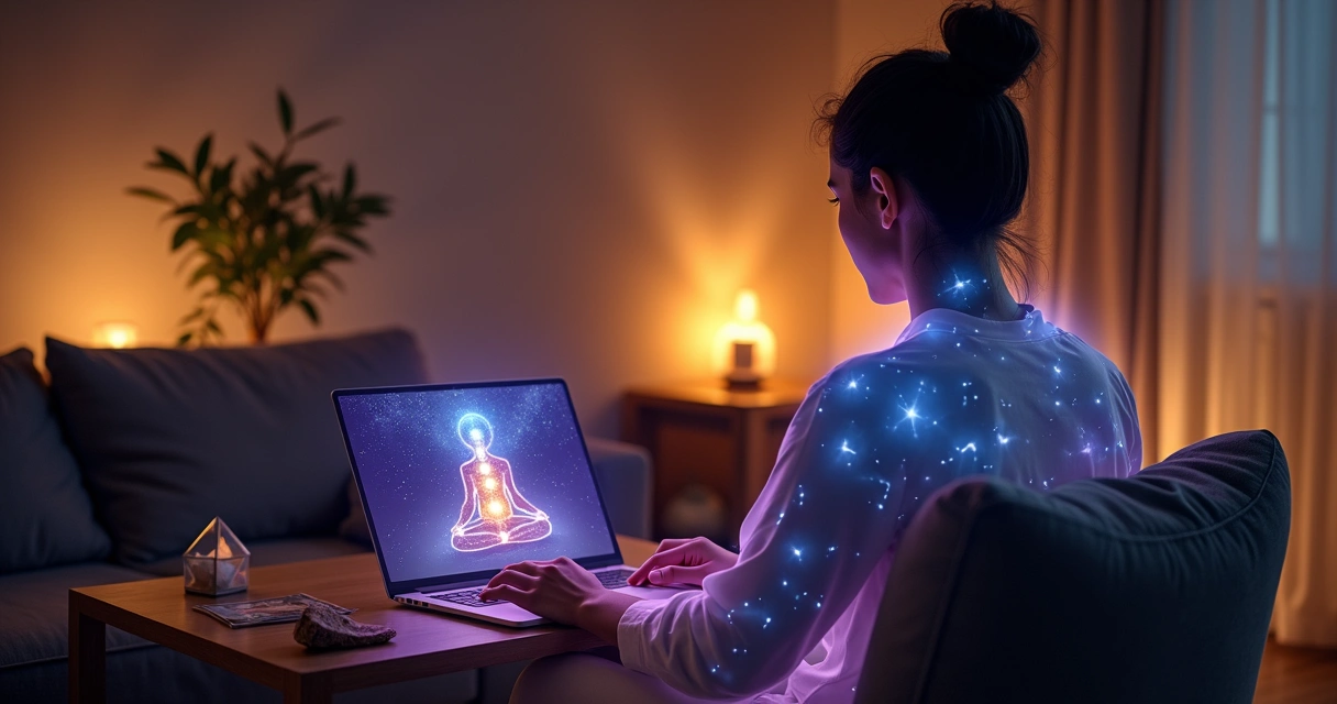 Pessoa em casa recebendo avaliação energética online com campo de luz ao redor do corpo