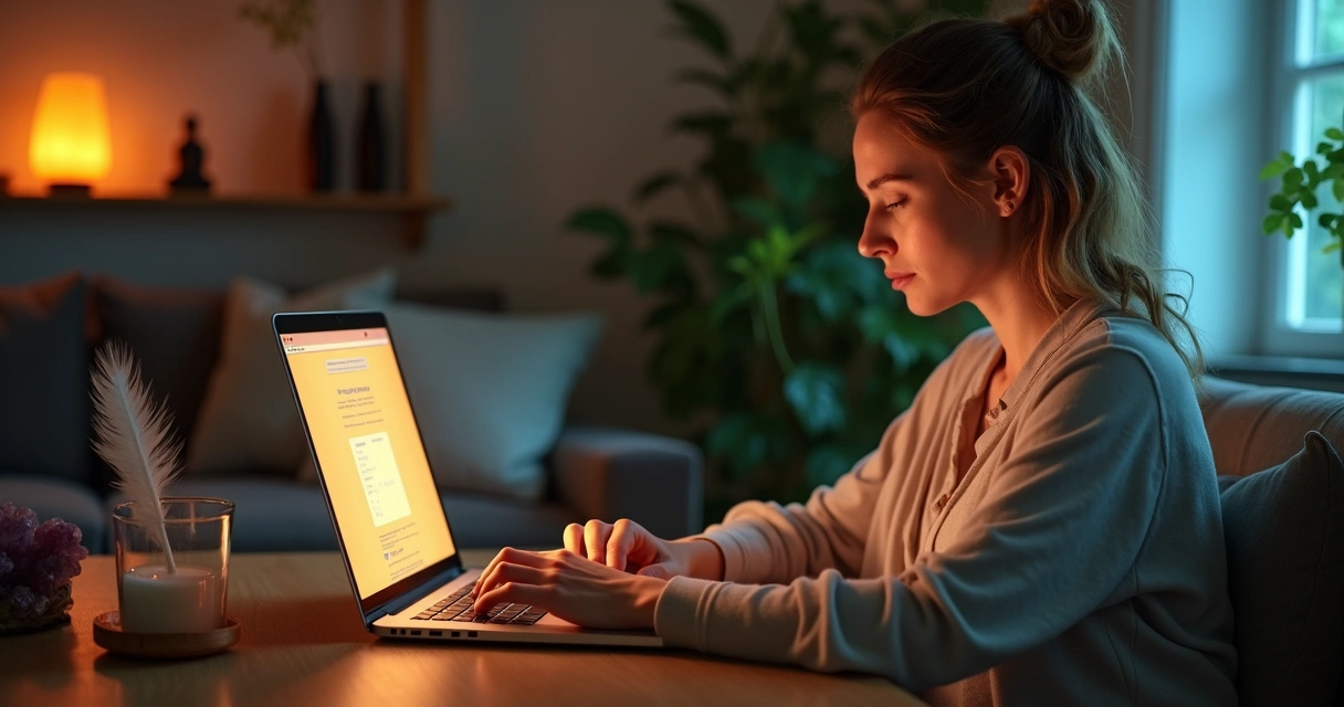Mulher observando laptop com expressão pensativa em ambiente sereno e espiritualizado