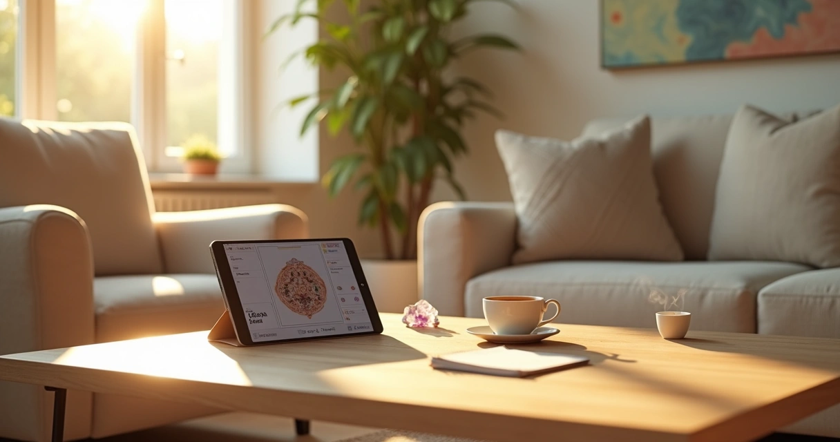 Tela de tablet exibindo tarot online ao lado de cristais e planta ao amanhecer