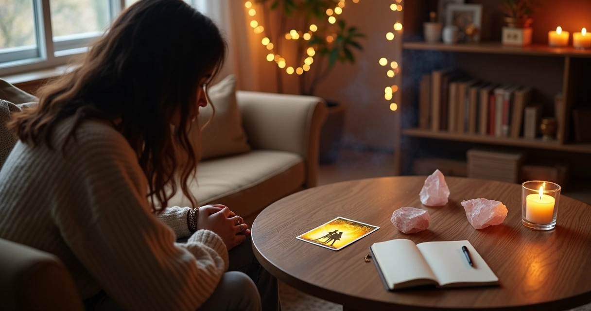 Mulher observando carta de tarot sobre amor em cenário místico introspectivo