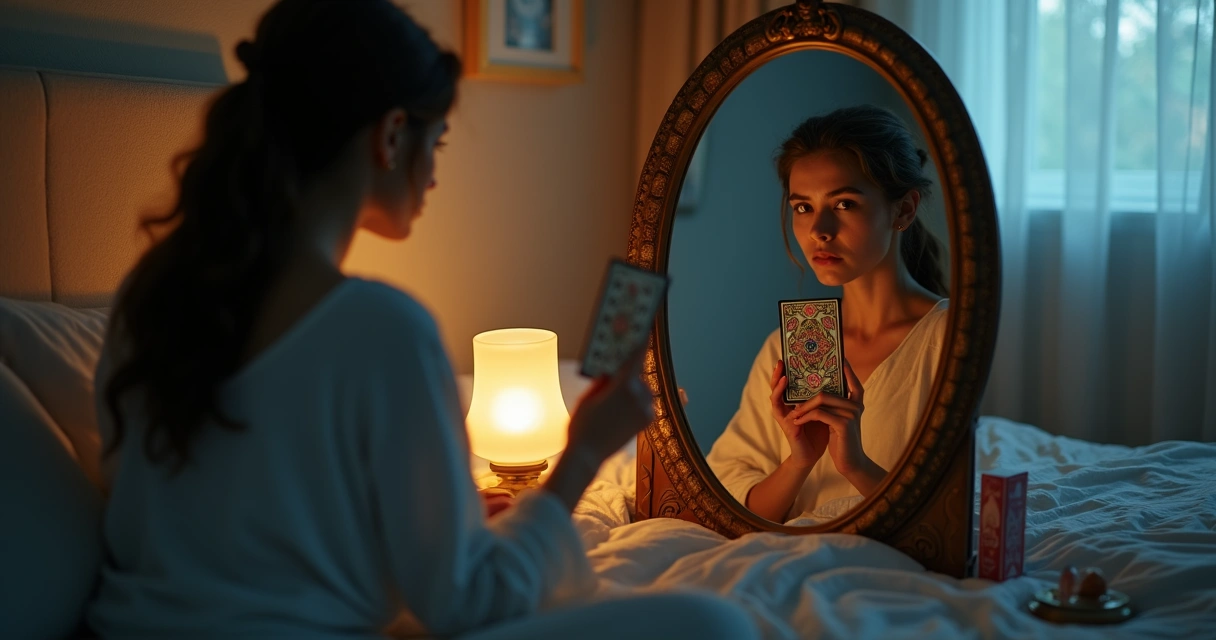 Mulher pensativa segurando carta de tarot diante de espelho dividido em luz e sombra