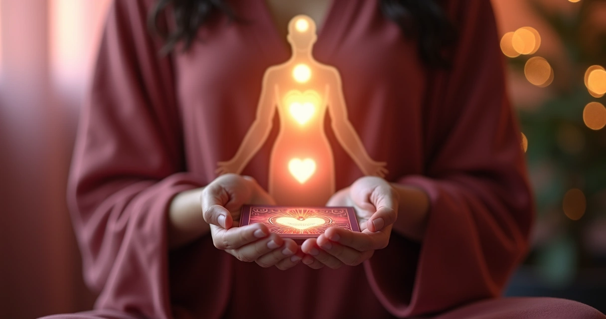 Taróloga segurando carta de tarot com símbolo de coração diante de silhueta humana iluminada por chakras