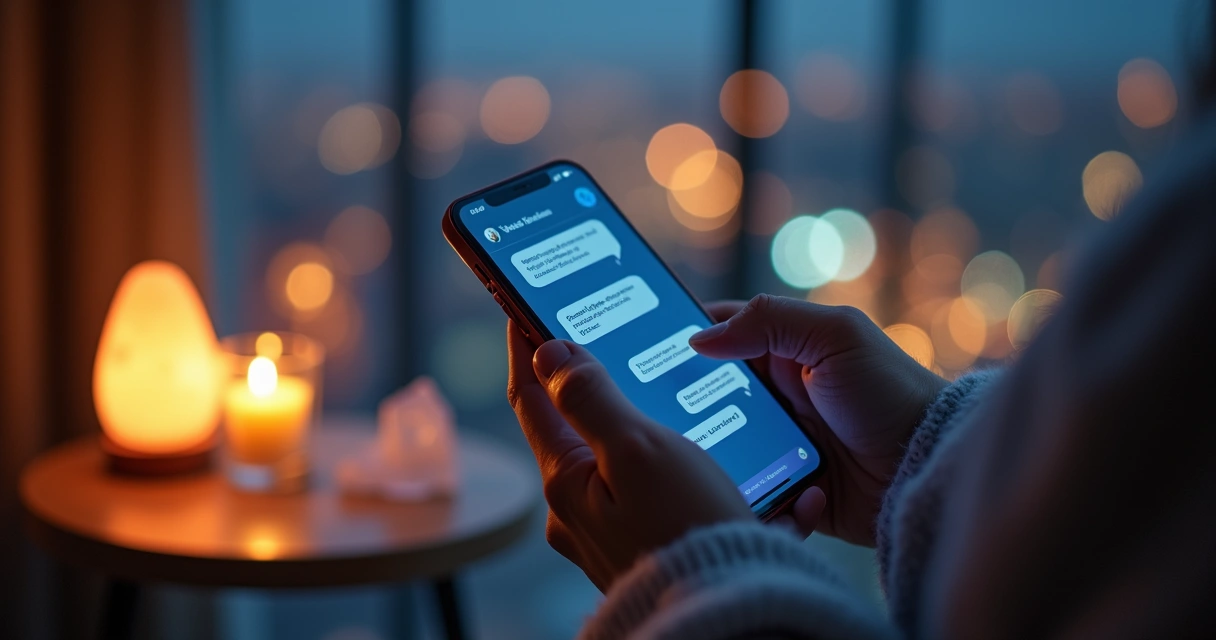 Mãos segurando celular com conversa espiritual em ambiente noturno tranquilo