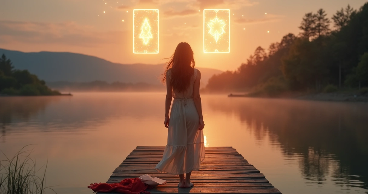 Mulher solitária em ponte de madeira observando duas cartas de tarot brilhando no céu ao entardecer