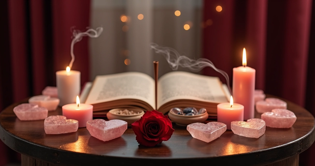 Altar esotérico com velas rosas em formato de coração e cristais claros