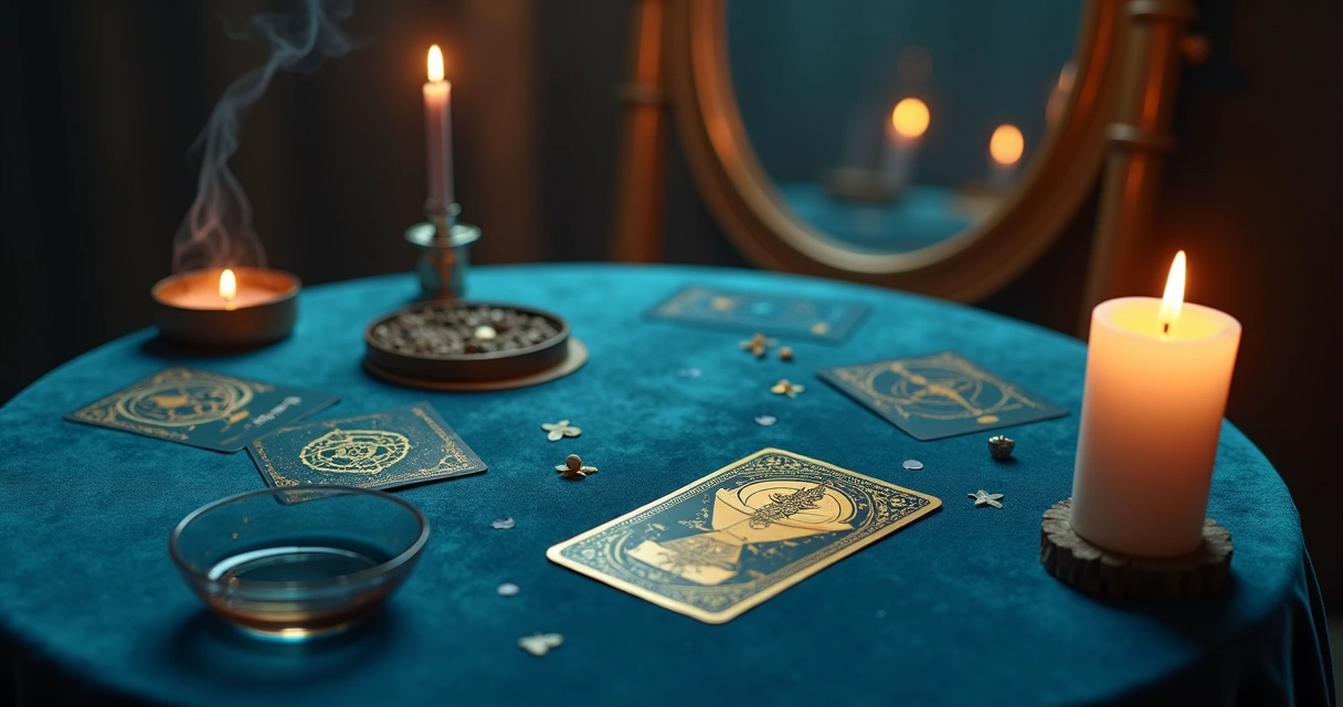 Baralho de tarot com carta de copas em destaque cercada por luz suave e sombras